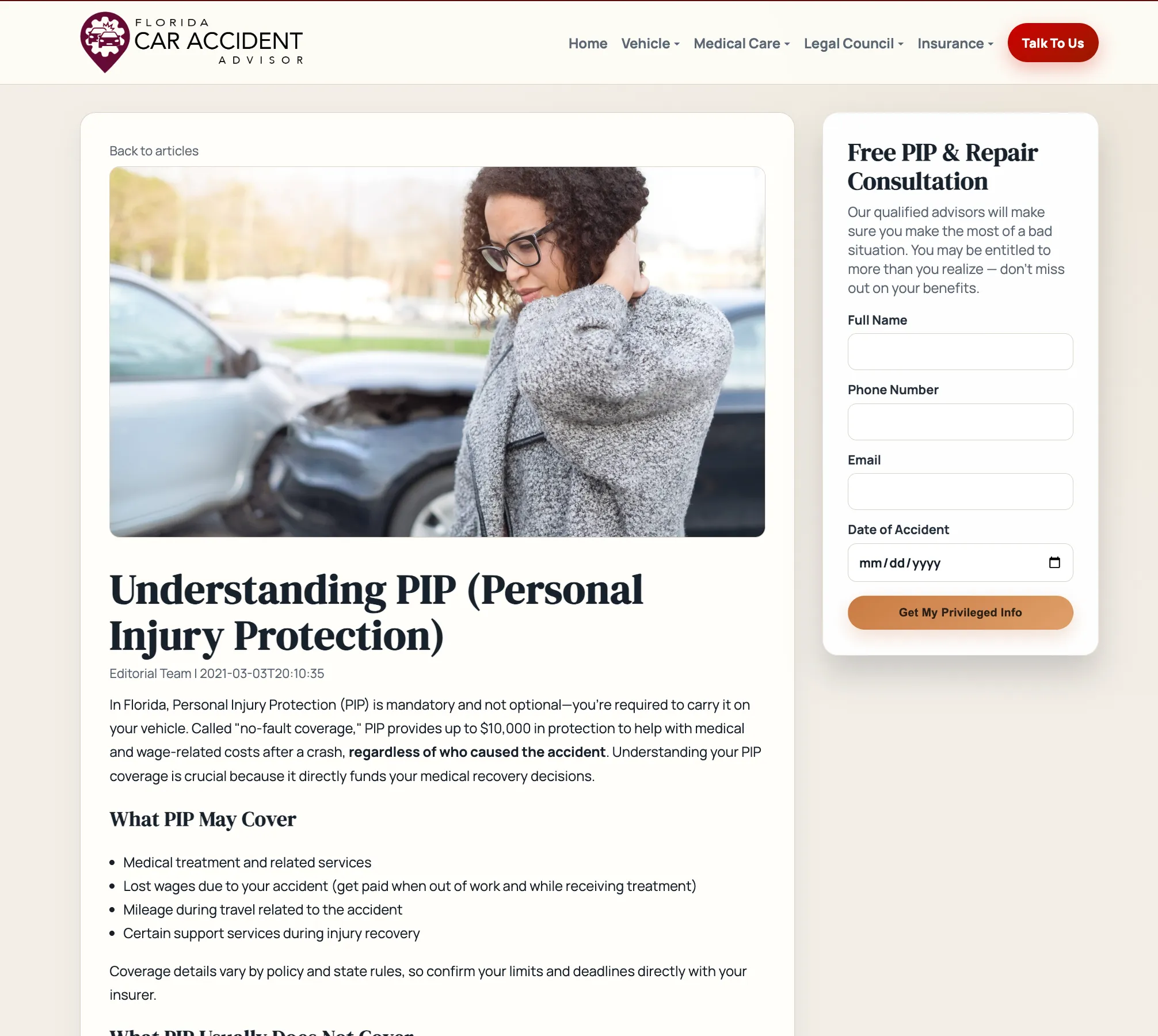 Educational article screenshot with a main content column and consultation form sidebar.