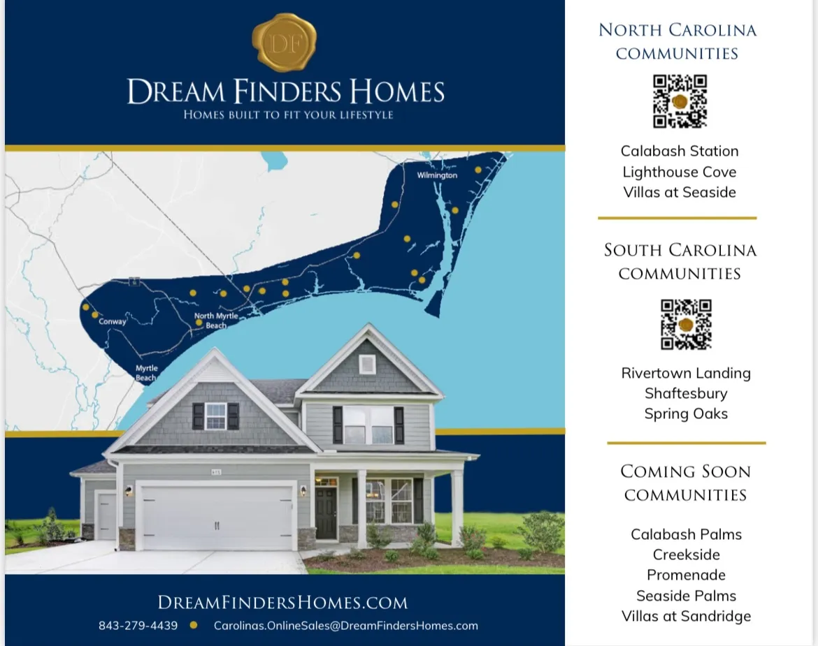 Archival Dream Finders Homes community flyer with a Carolina coast map.