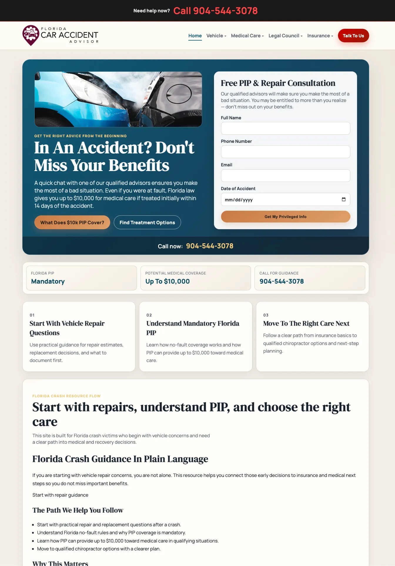 Florida Car Accident Advisor homepage screenshot showing topic navigation, consultation form, and resource sections.