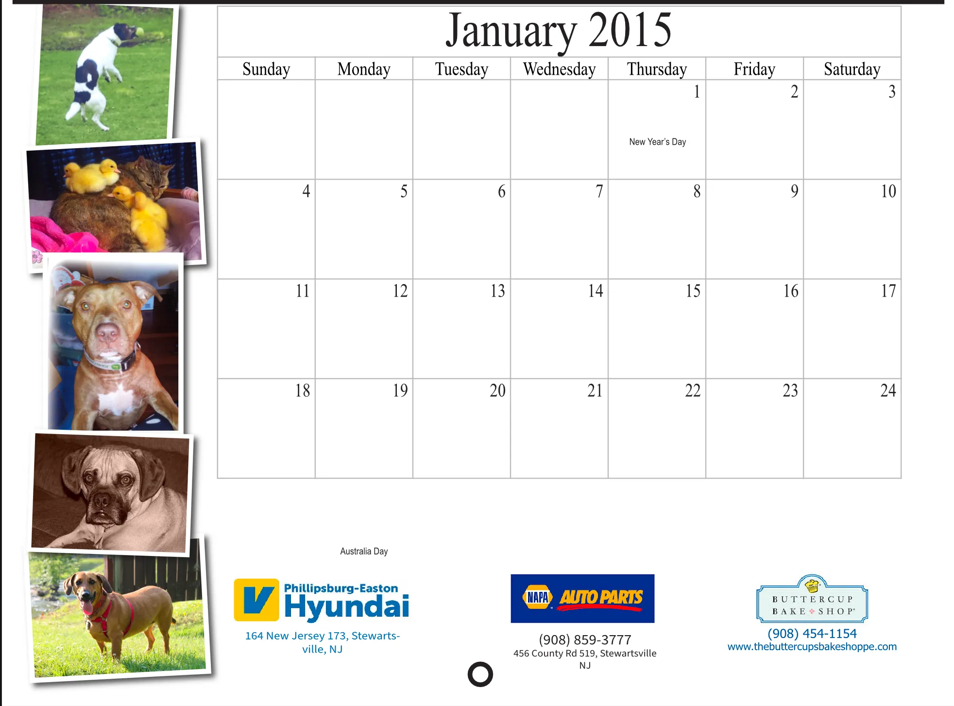 January 2015 calendar page with a date grid, participant pet photographs, and three local sponsor advertisements.