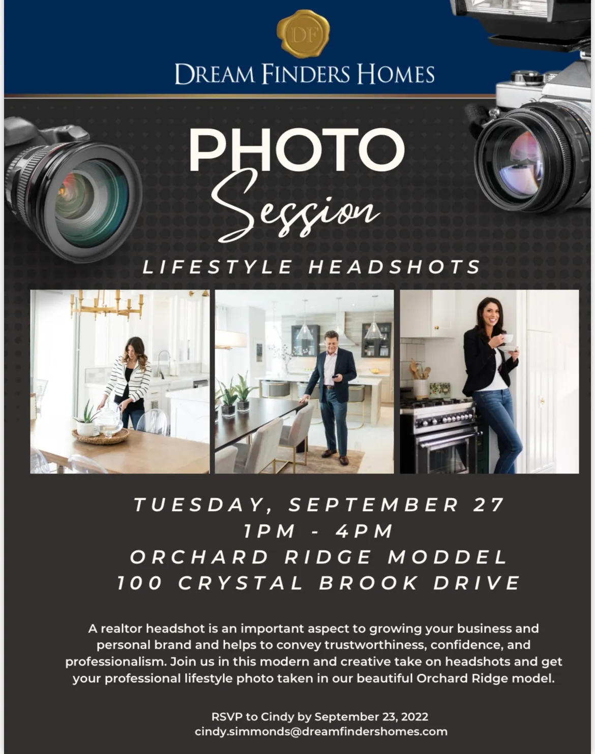 Lifestyle-headshot event flyer featuring camera illustrations and three portraits in model-home interiors.