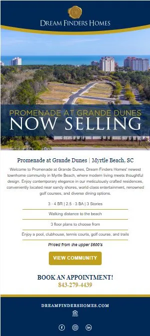Community-launch eblast using coastal aerial photography, community amenities, and appointment calls to action.