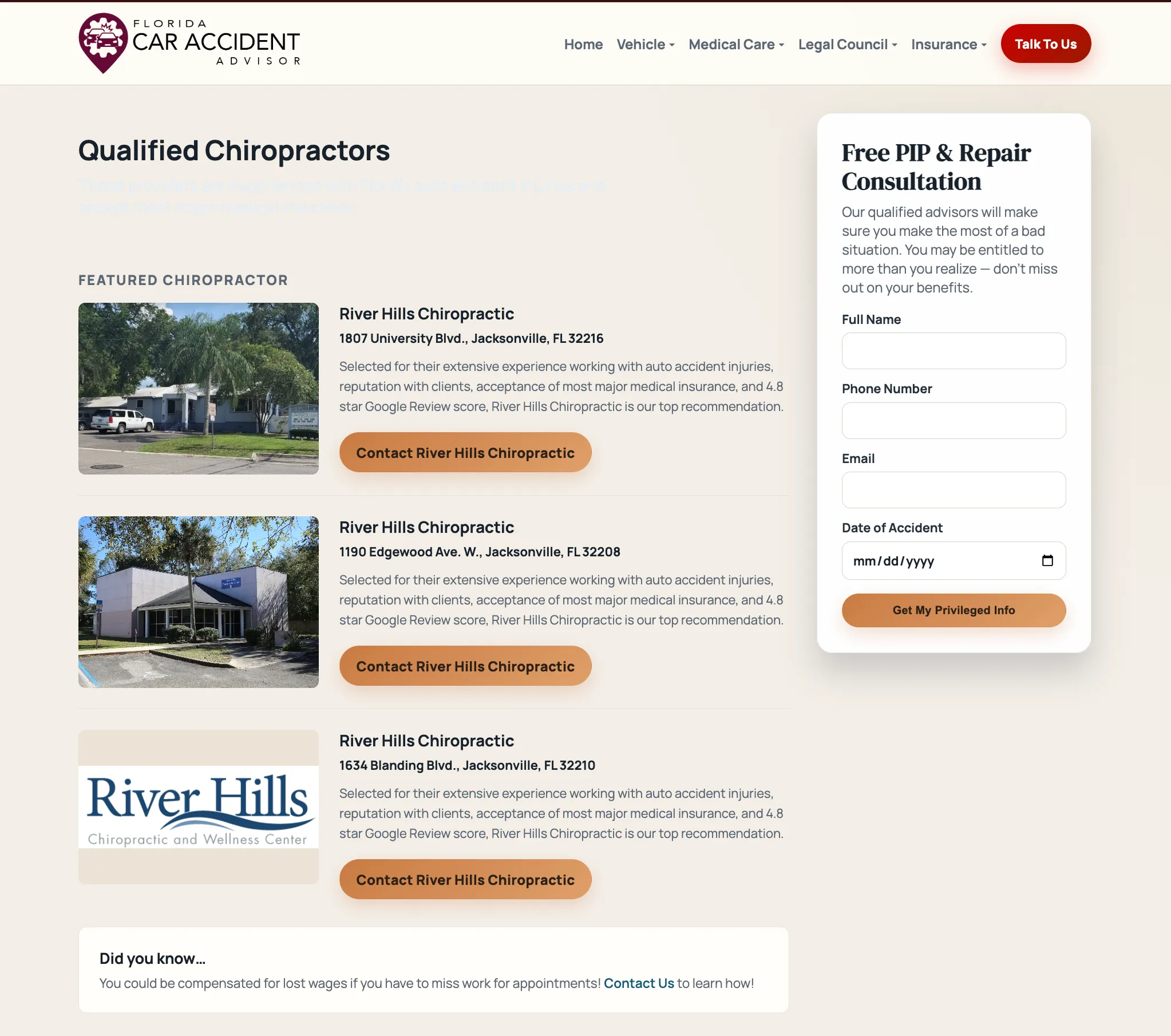 Treatment-provider page screenshot showing clinic listings and a consultation form.