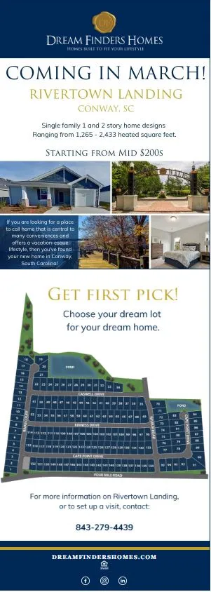 Rivertown Landing eblast with a home exterior, neighborhood photography, and a community lot map.